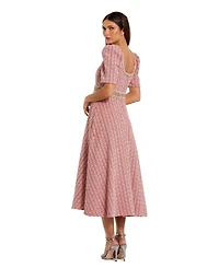 Mac Duggal Women's Puff Sleeve Boucle Midi Dress With Beaded Belt