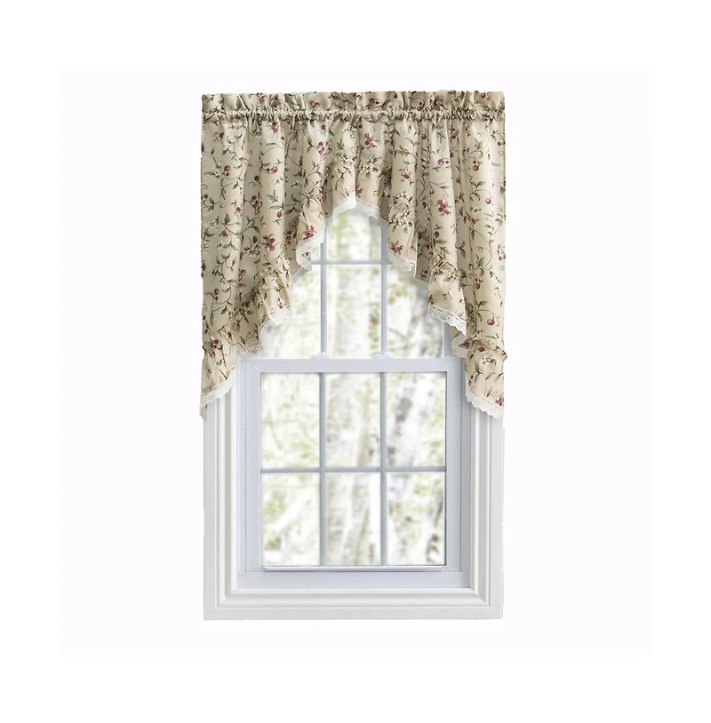 Ellis Curtain Cherries Ruffled 1.5" Rod Pocket Swag for Windows Lace Edge 58" x 36" Natural
