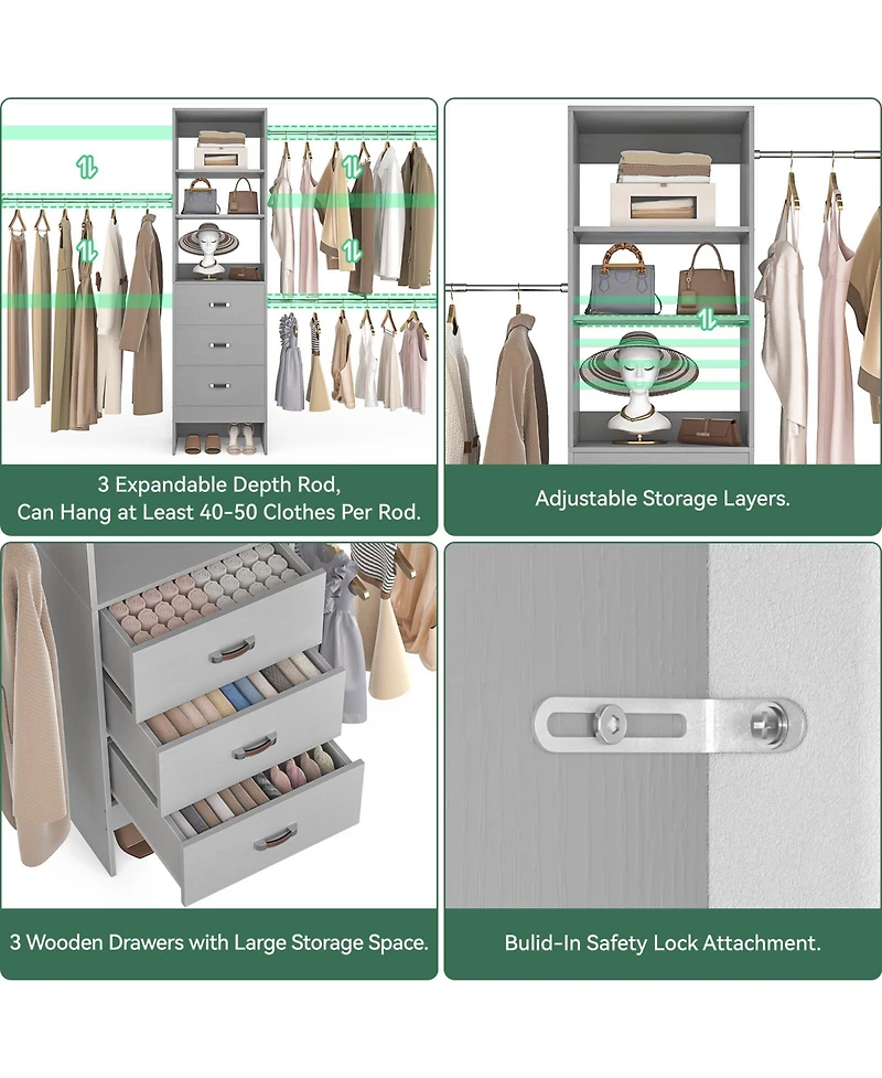 Aheaplus 5-8FT Adjustable Closet Organizer System with 3 Drawers & Hanging Rods, Clothes Rack for Organization