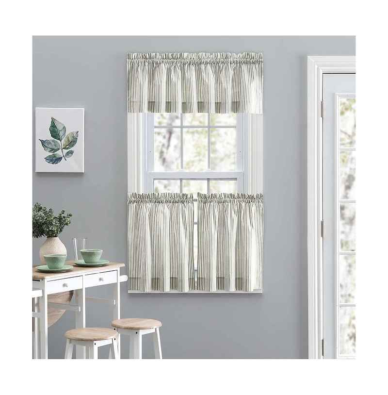 Ellis Curtain Plaza Classic Ticking Stripe Printed on Natural Ground 1.5" Rod Pocket Tailored Tiers 56" x 24" Sage