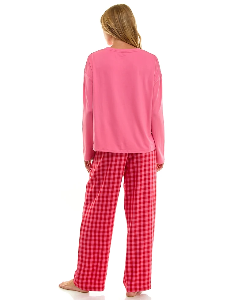 Roudelain Women's Printed Open Leg Contrast Waistband Flannel Pants