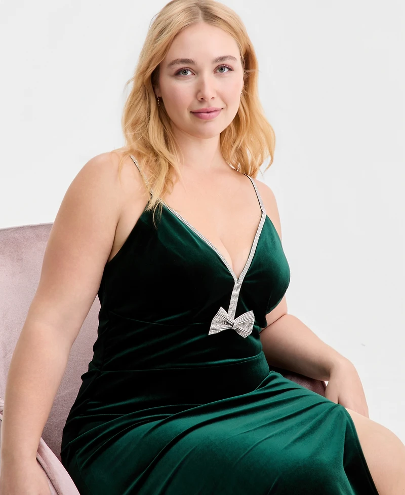 pear culture Trendy Plus Rhinestone Bow Velvet Midi Dress