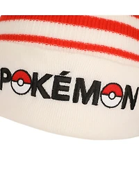 Pokemon Men's Pokeball Plush Pom, Red And White Stripes Cuff Beanie