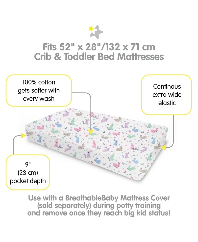 BreathableBaby Cotton Percale Fitted Sheet, For 52" x 28"/132 71 cm Crib & Toddler Bed Mattress (2-Pack)