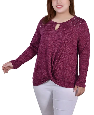 Ny Collection Women's Plus Long Sleeve Knit Keyhole Top
