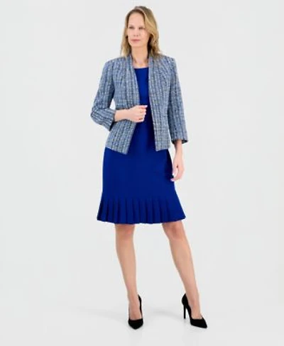 Kasper Womens Tweed Open Front Cardigan Jacket Stretch Crepe Pleat Hem Sheath Dress Regular Petite