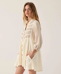 Modenaire Women's Textured Sheer Panel Pintuck Shirt Dress