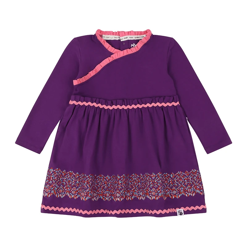 Mixed Up Clothing Big Girls Long Sleeve Ruffle Trim Dress - Purple Multicolor