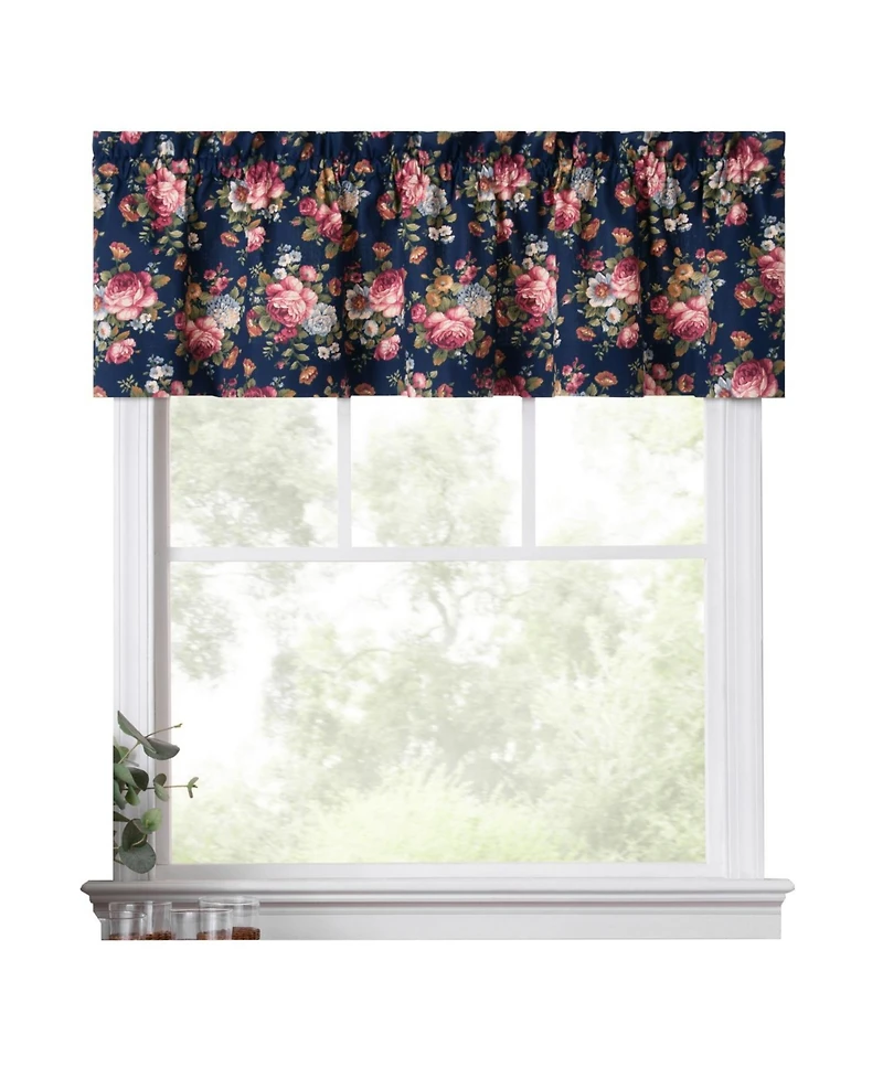 Ellis Bella Rose Stylish Medium Scale Printed Floral Pattern 1.5" Rod Pocket Tailored Valance 58"x15" Navy