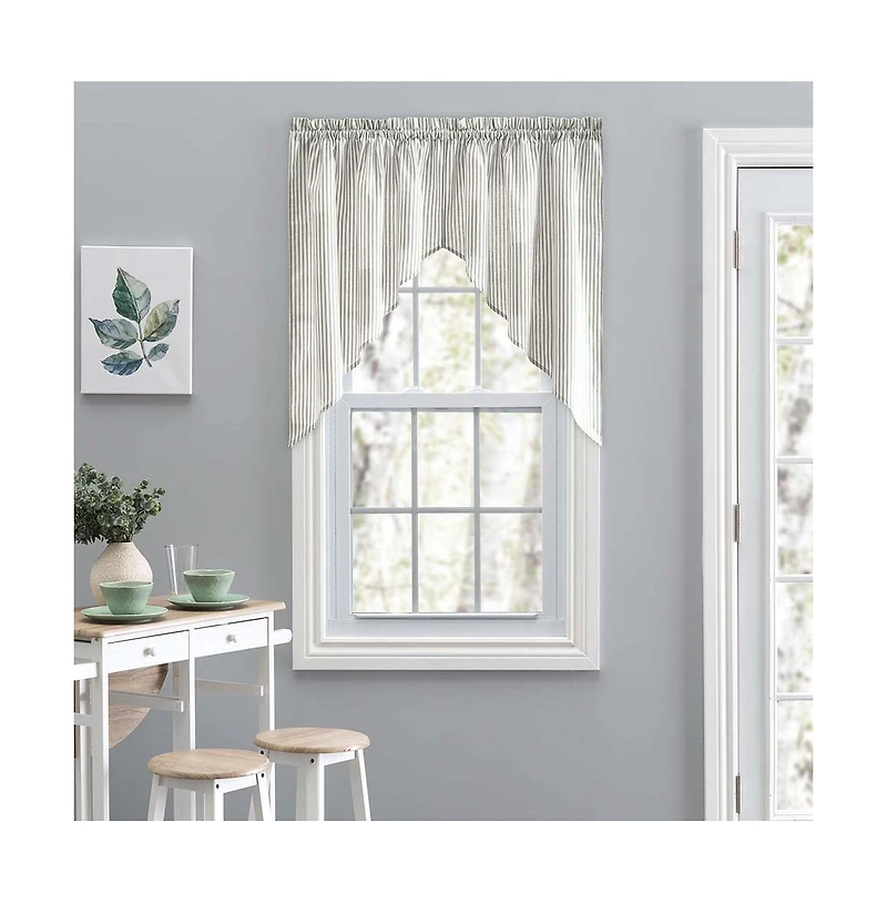 Ellis Curtain Plaza Classic Ticking Stripe Printed on 1.5" Rod Pocket Natural Ground Tailored Swag 56" x 36" Sage