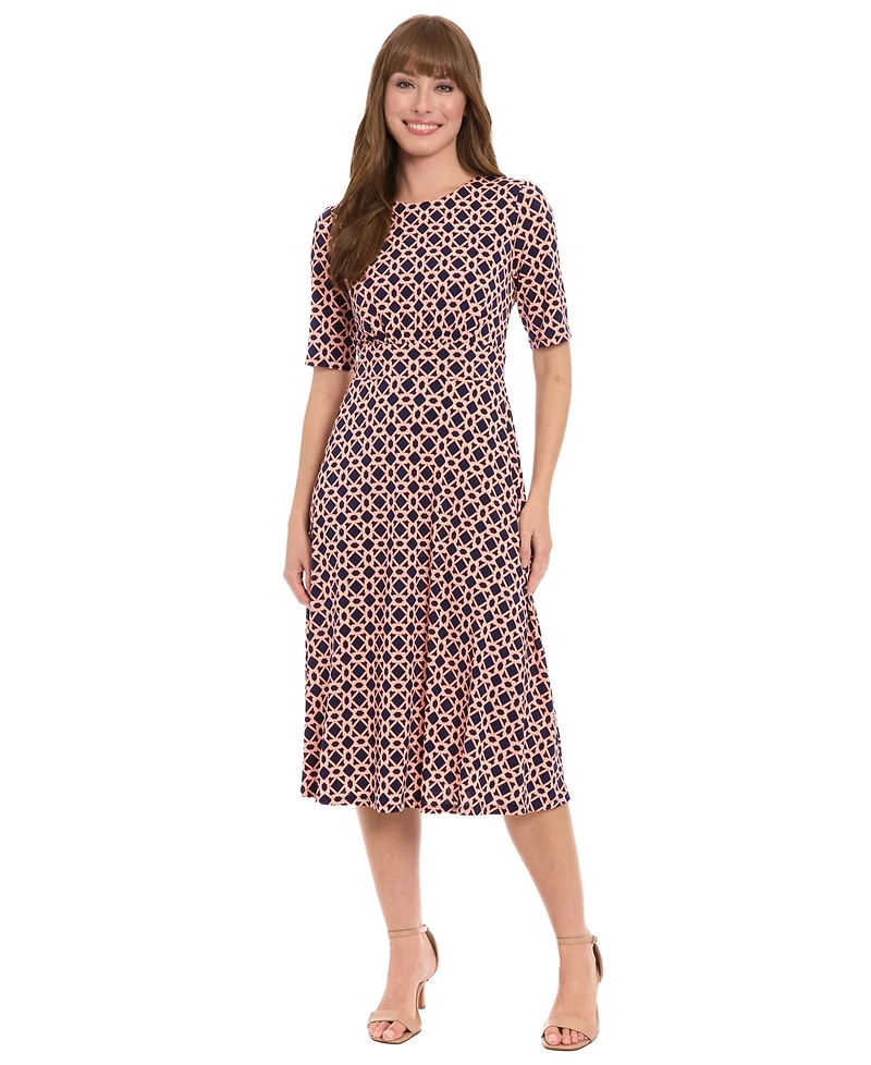 London Times Women's Printed Elbow-Sleeve A-Line Dress