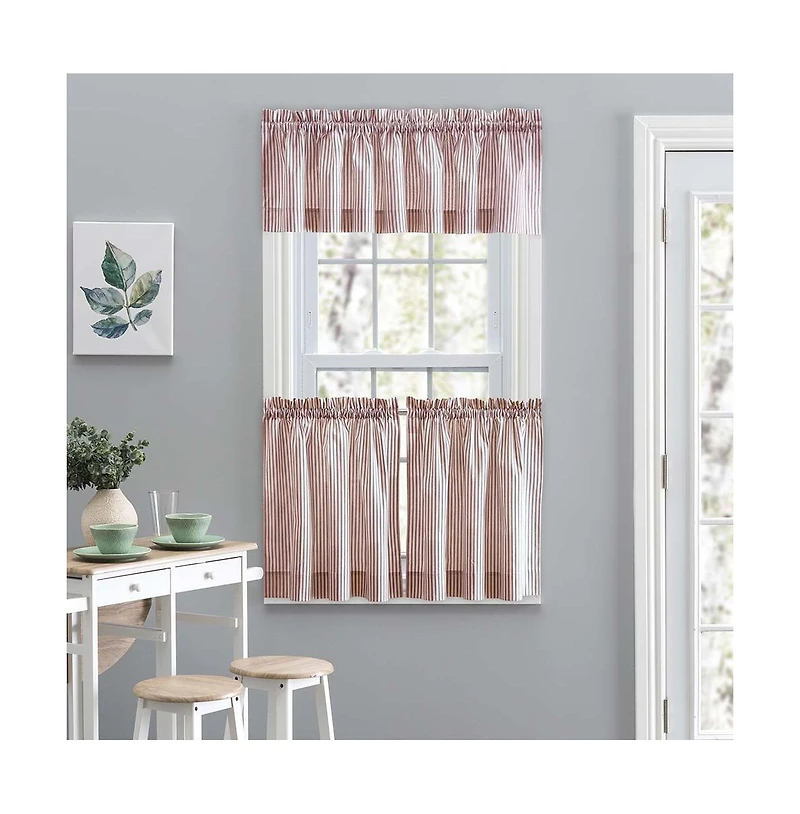 Ellis Curtain Plaza Classic Ticking Stripe Printed on Natural Ground 1.5" Rod Pocket Tailored Tiers 56" x 24" Brick