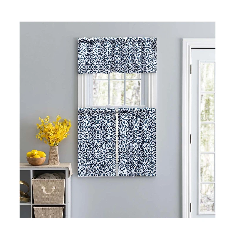 Ellis Athens Printed Tile Design on Navy Ground High Quality Tailored Tiers 1.5" Rod Pocket 50"x24" Navy