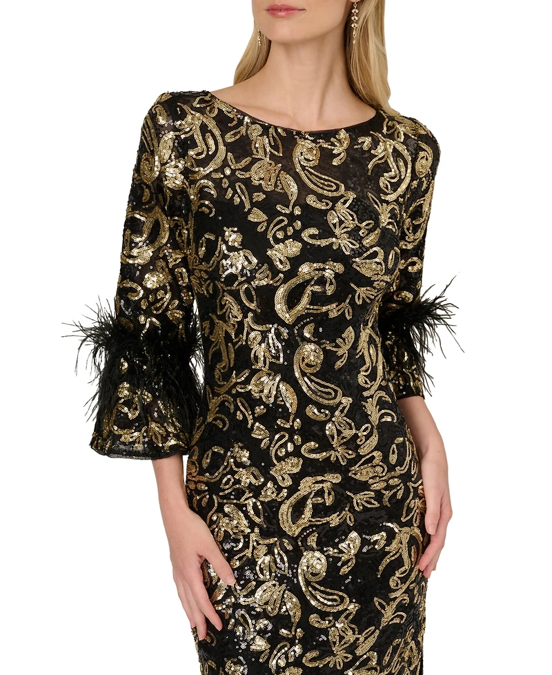 Adrianna Papell Women's Sequined Feather-Trim Gown