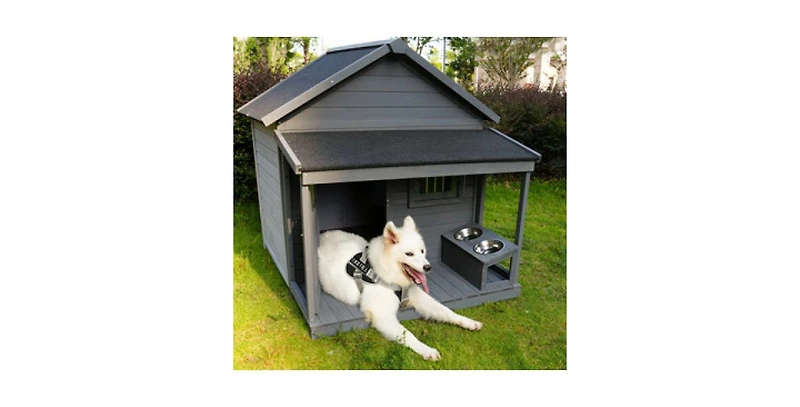Aostirmotor 44.2 in. W x 44.6 in, D x 44.6 in. H Large Weatherproof Doghouse with Large Terrace, Wooden doors that can be Locked