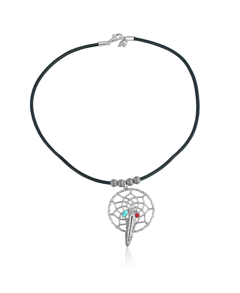 Sterling Silver Kingman Turquoise and Red Coral Black Leather Dreamcatcher Necklace, 17 Inches
