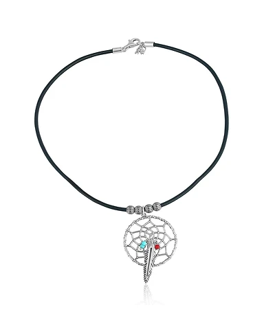 Sterling Silver Kingman Turquoise and Red Coral Black Leather Dreamcatcher Necklace, 17 Inches