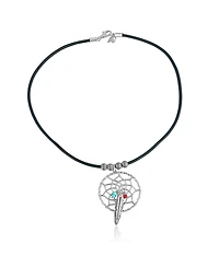 Sterling Silver Kingman Turquoise and Red Coral Black Leather Dreamcatcher Necklace, 17 Inches