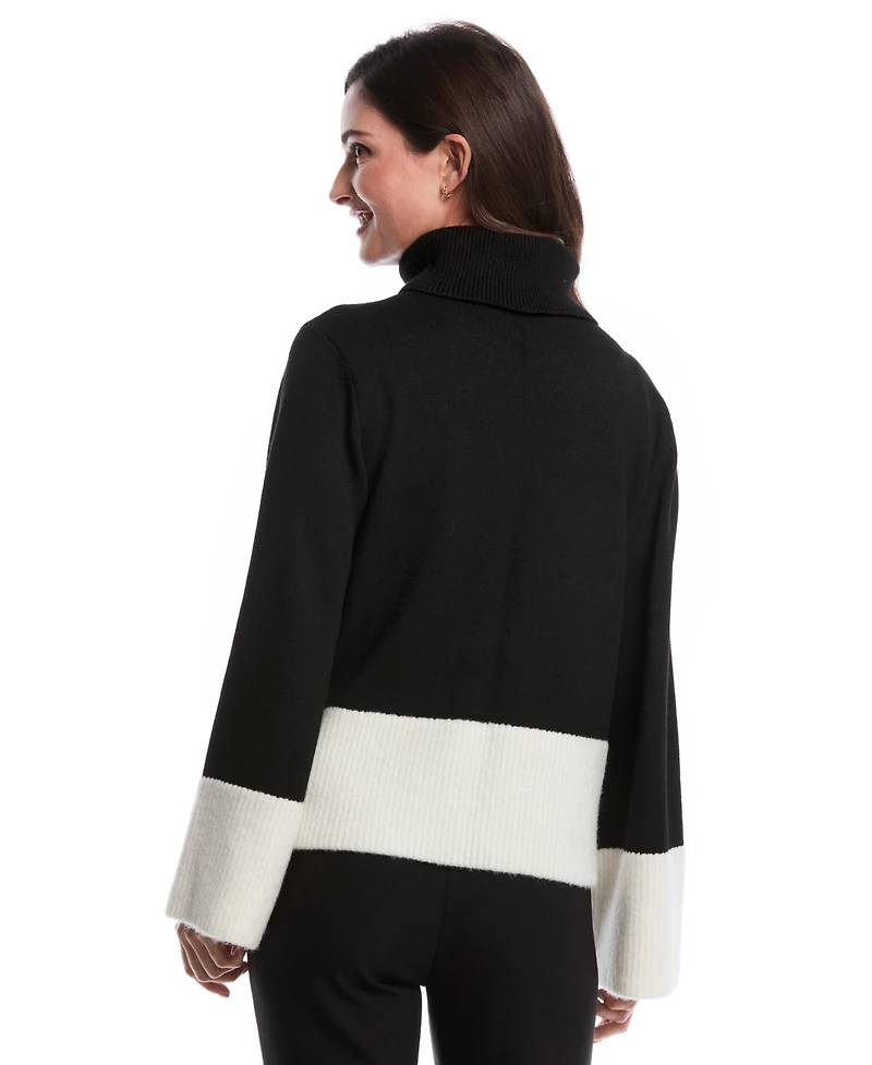 Rafaella Petite Color Block Trim Turtleneck Long Sleeve Sweater