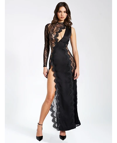 Miss Circle Women's Weslyn Black Satin Lace High Slit Dress
