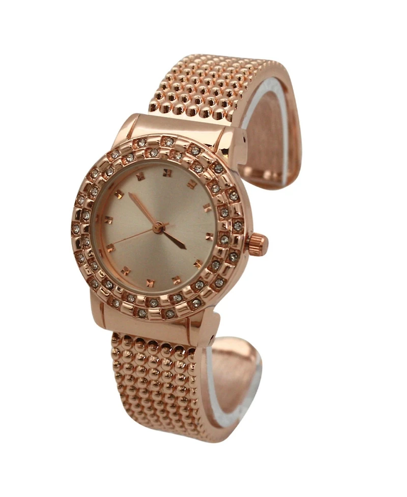 Rose Gold Thick Bangle Watch With Rhinestone Details