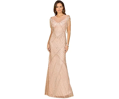 Lara Women's Beaded Fringe Illusion Dress with Cap Sleeves