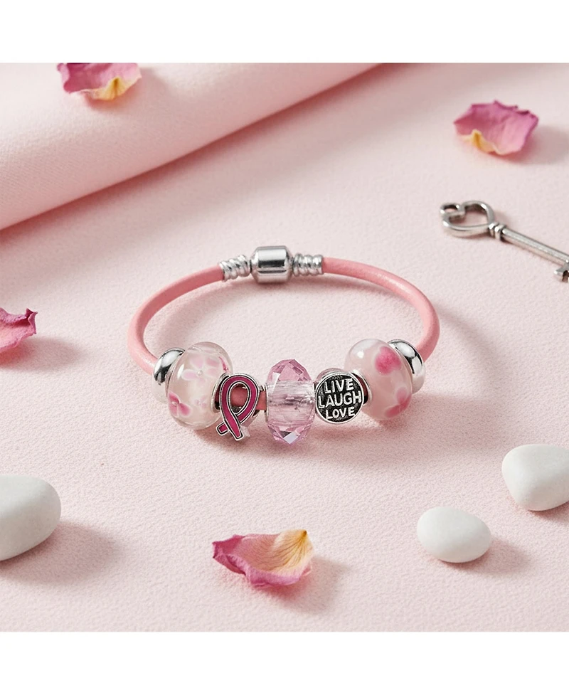 Bling Jewelry Live Love Laugh Support Breast Cancer Survivor Pink Ribbon Multi Bead Charm Leather Bracelet Sterling Silver Barrel Clasp