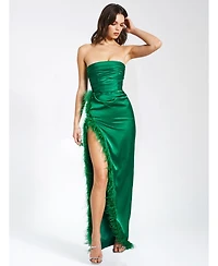 Miss Circle Women's Perrin Emerald Green Feather Dress High Slit Gown