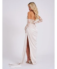 Miss Circle Women Callie Pearl White Lace Satin Corset High Slit Gown