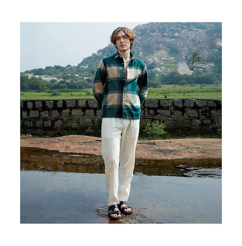 Campus Sutra Men's Emerald Green & Buff Beige Vignette-Checkered Oversized Shirt