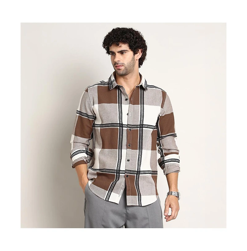 Campus Sutra Men's Russet Brown Overlap Buffalo Shirt