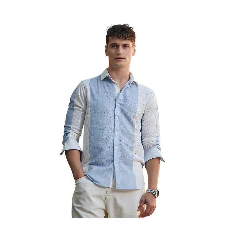 Campus Sutra Men's Powder Blue & Daisy White Panel-Tactile Shirt