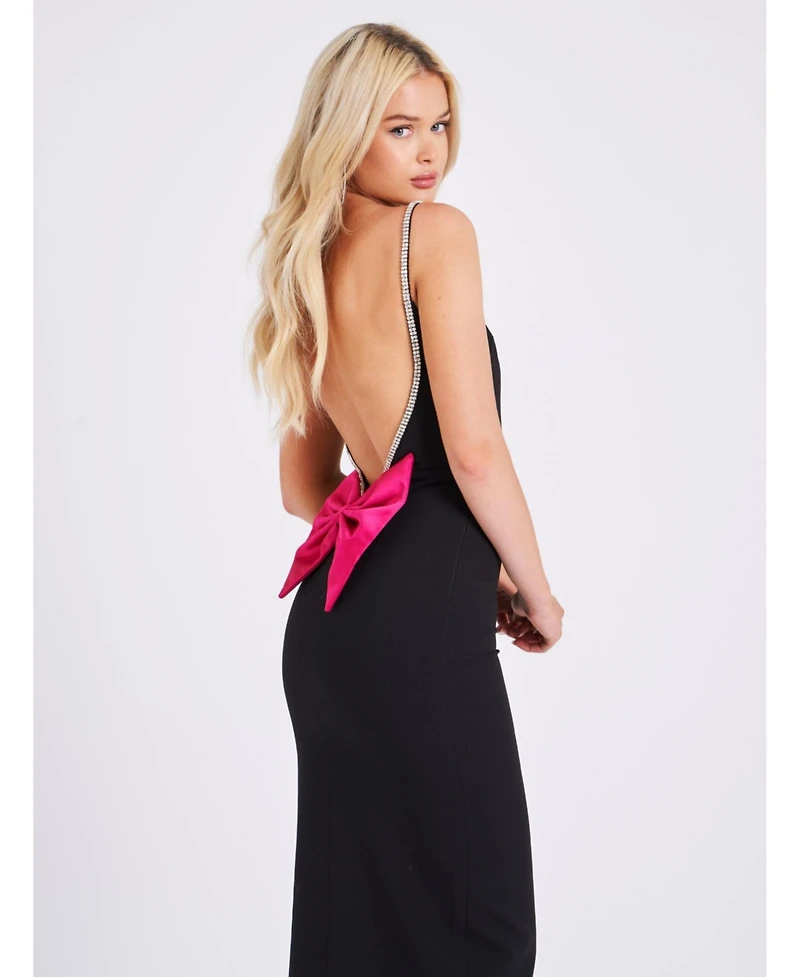 Miss Circle Women's Flore Black Crystal Straps Backless Gown With Bow
