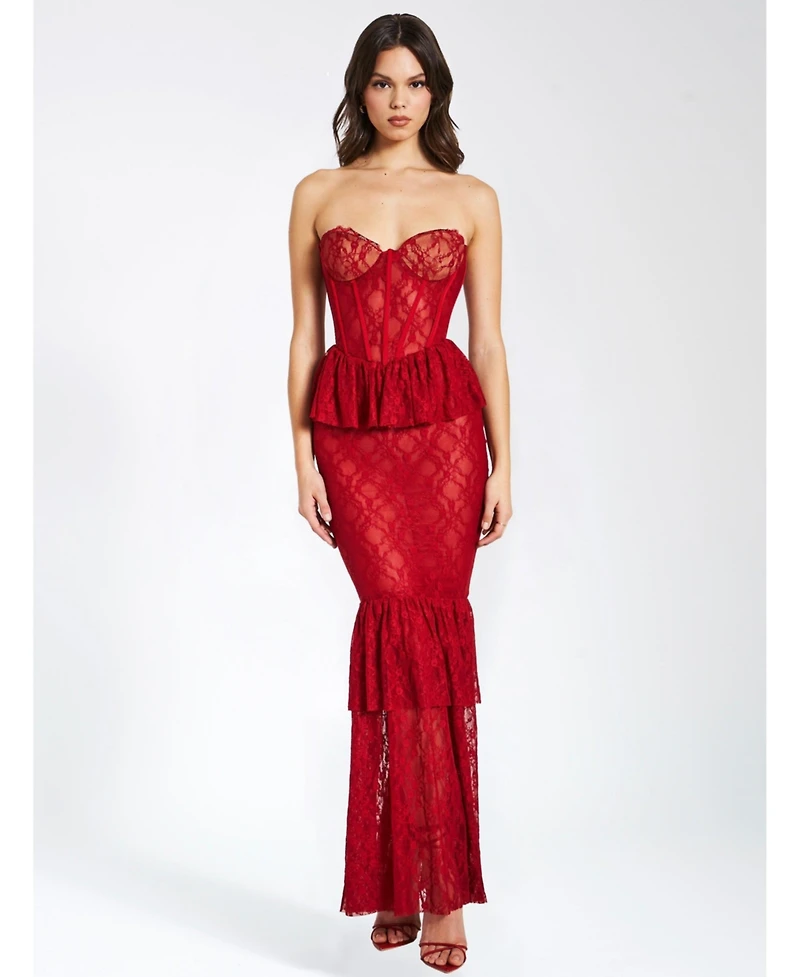 Miss Circle Women's Quennell Burgundy Lace Corset Maxi Dress