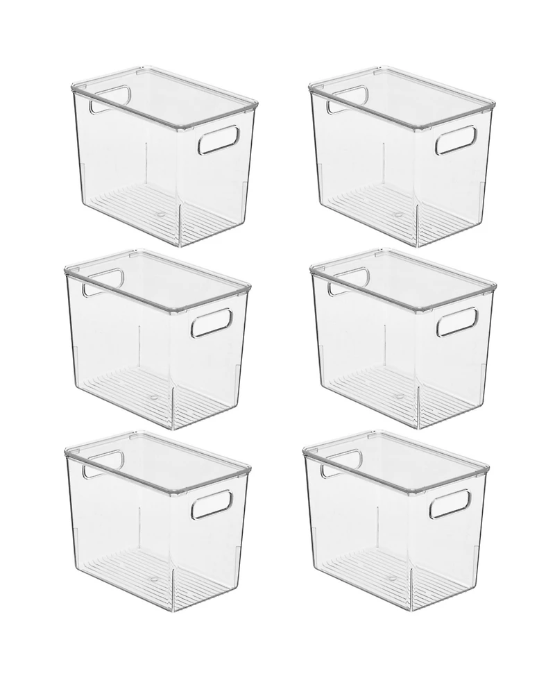 mDesign Slim Plastic Stacking Kitchen Bin Box, Handles/Lid, 6 Pack, Clear, Usa Made