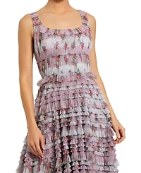 Mac Duggal Women's Sleeveless Floral Midi Dress with Tiered Ruffles
