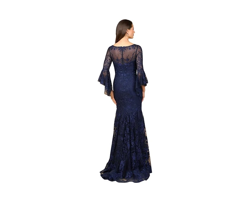 Lara Women's Illusion Neck, Long Bell Sleeve Gown