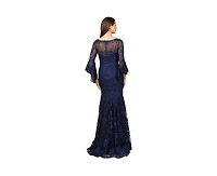 Lara Women's Illusion Neck, Long Bell Sleeve Gown