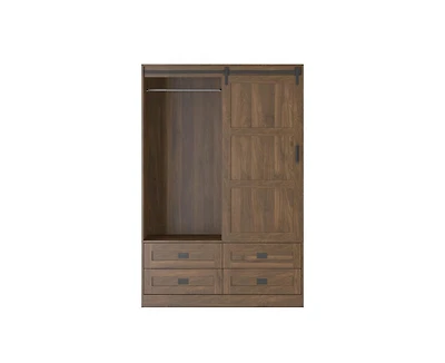 Casainc Tall Cabinet Bedroom Armoire Wardrobe Closet Clothing with Hanging Rod Barn Door Drawers Open Shelves