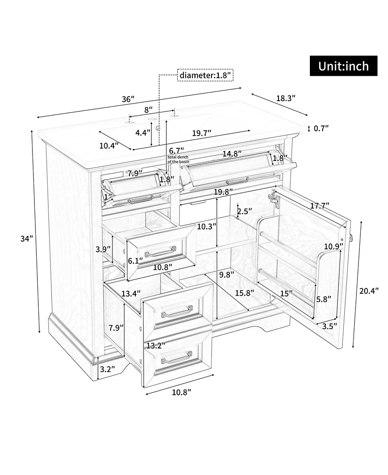 Boyel Living 36" Bathroom Vanity with Sink, 4 Drawers & Soft-Close Door, Freestanding Storage Cabinet
