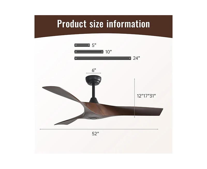 52-inch Modern Black 3 Abs Blades Ceiling Fan without Light with Six-Speed Remote Control and Forward Reverse Rotation Function