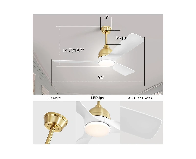 54-inch Modern Minimalist Golden 3-Blade Ceiling Fan with Led Light Remote Control Supports 6 Speeds and Timer Function
