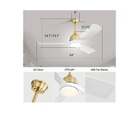 54-inch Modern Minimalist Golden 3-Blade Ceiling Fan with Led Light Remote Control Supports 6 Speeds and Timer Function