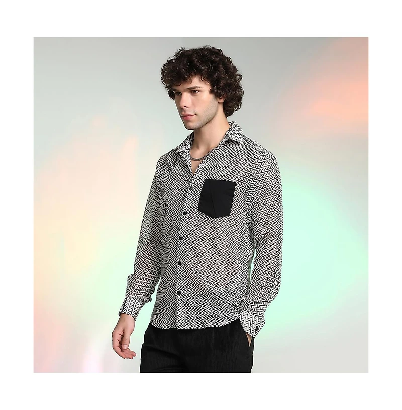 Campus Sutra Men's Onyx Black & Cream White Zig-Zag Block Shirt