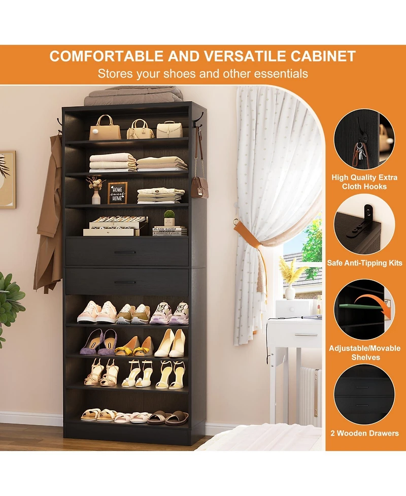 Aheaplus 8-Tier Shoe Rack with 2 Drawers, 80'' High Wooden Cabinet Adjustable Shelves