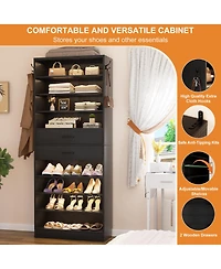 Aheaplus 8-Tier Shoe Rack with 2 Drawers, 80'' High Wooden Cabinet Adjustable Shelves