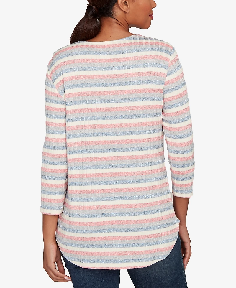 Ruby Rd. Petite Marled Stripe Envelope Neck Rib Knit Top