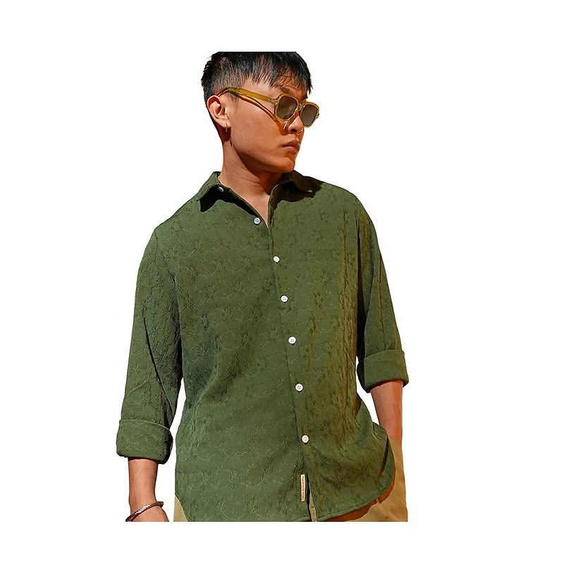 Campus Sutra Men's Forest Green Floral-Textured Shirt