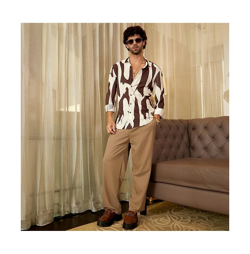 Campus Sutra Men's Chocolate Brown & Daisy White Contour-Lines Pleated Shirt