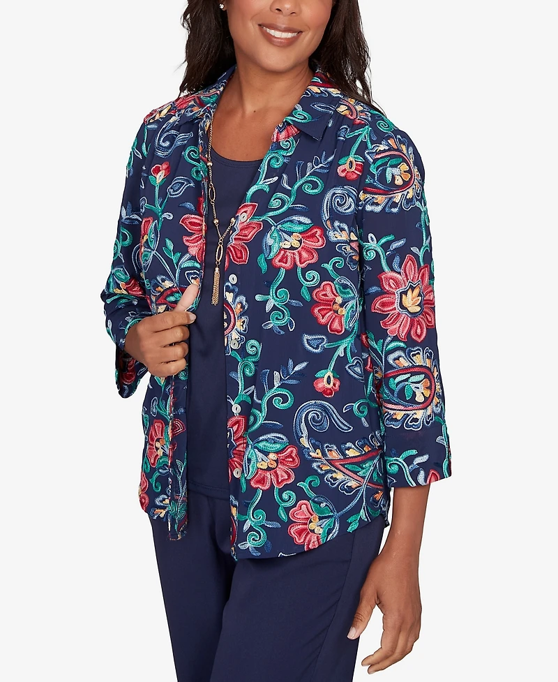Alfred Dunner Women's Saratoga Springs Paisley Floral Two One Top with Necklace
